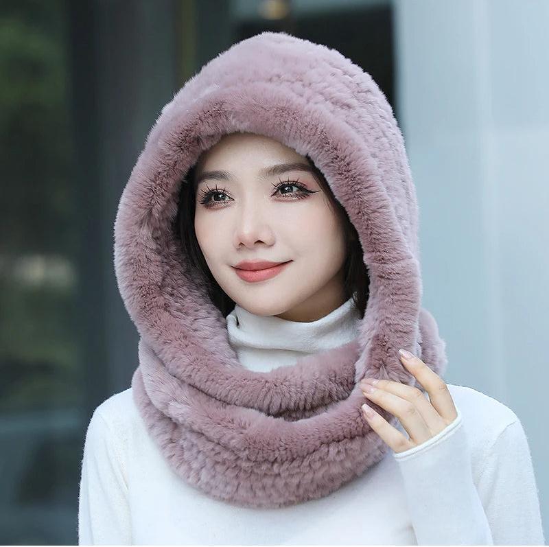 Pink fur collar hat for woman